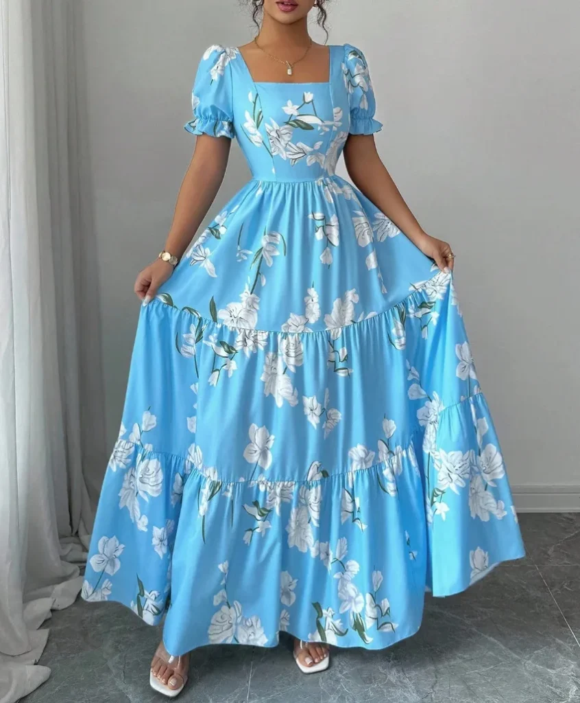 2026 Summer Women's Floral Print Maxi Dress, Elegant Square Neck Long Dress, Dating Wedding Party Gown 4