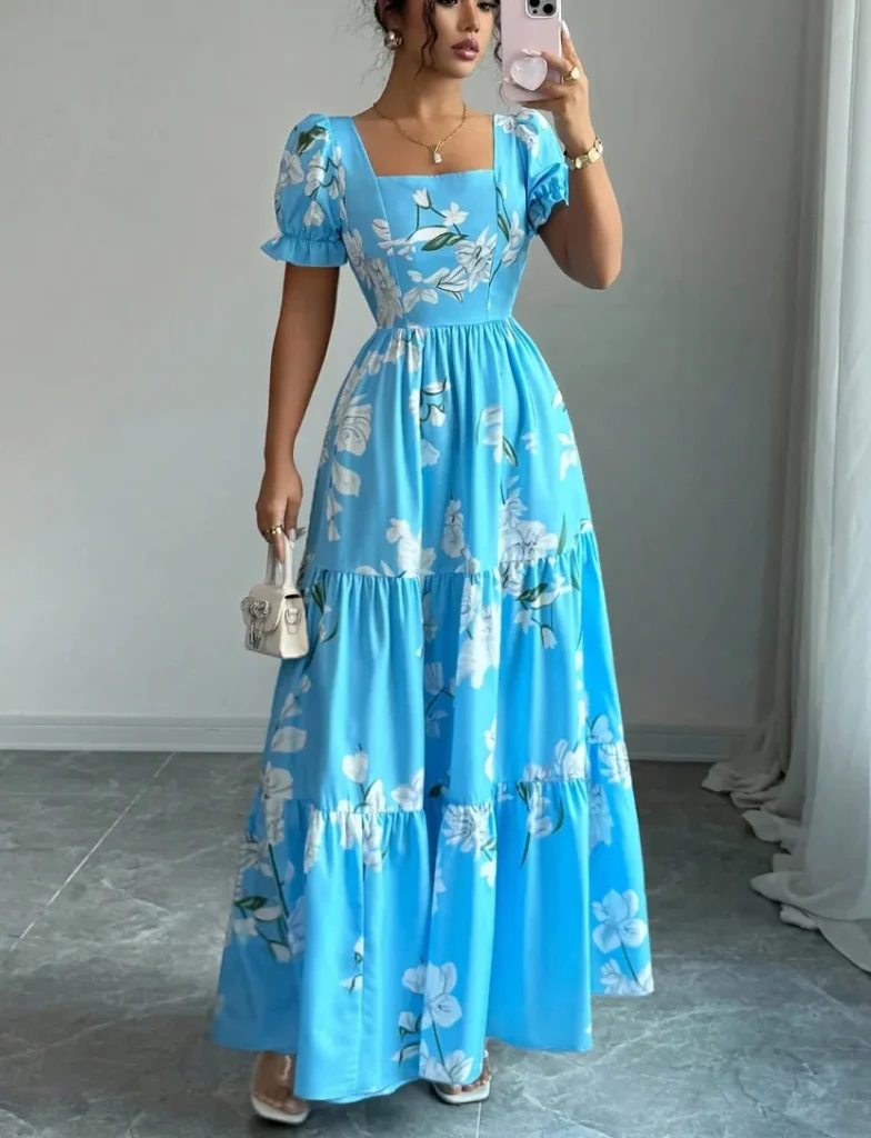 2026 Summer Women's Floral Print Maxi Dress, Elegant Square Neck Long Dress, Dating Wedding Party Gown 5