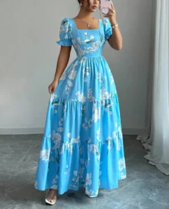 2026 Summer Women's Floral Print Maxi Dress, Elegant Square Neck Long Dress, Dating Wedding Party Gown