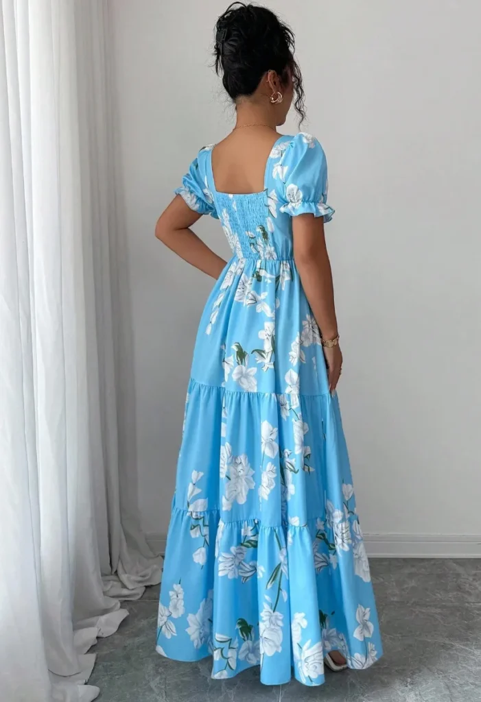 2026 Summer Women's Floral Print Maxi Dress, Elegant Square Neck Long Dress, Dating Wedding Party Gown 2