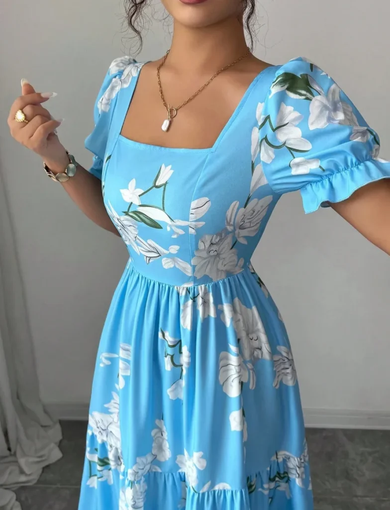 2026 Summer Women's Floral Print Maxi Dress, Elegant Square Neck Long Dress, Dating Wedding Party Gown 3