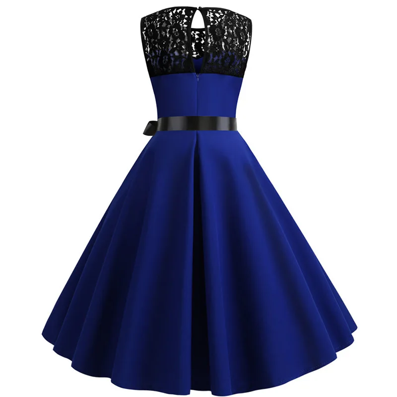 Blue Lace Patchwork Summer Dress Women Elegant Vintage Party Dress Casual Office Ladies Work Dress 2