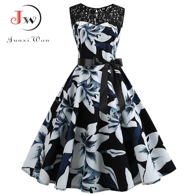 Blue Lace Patchwork Summer Dress Women Elegant Vintage Party Dress Casual Office Ladies Work Dress 6
