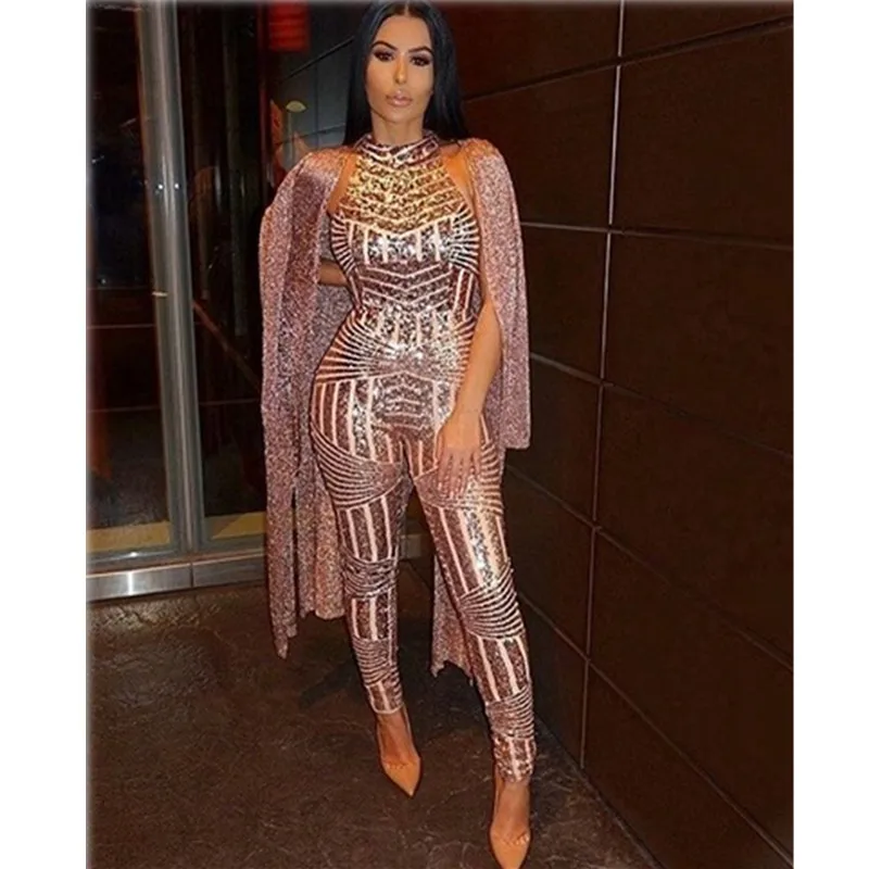 sexy Gold sequin jumpsuit mesh Romper Summer Women Glitter Halter Open Back Party bodycon jumpsuit body ladies Overalls Clubwear 1