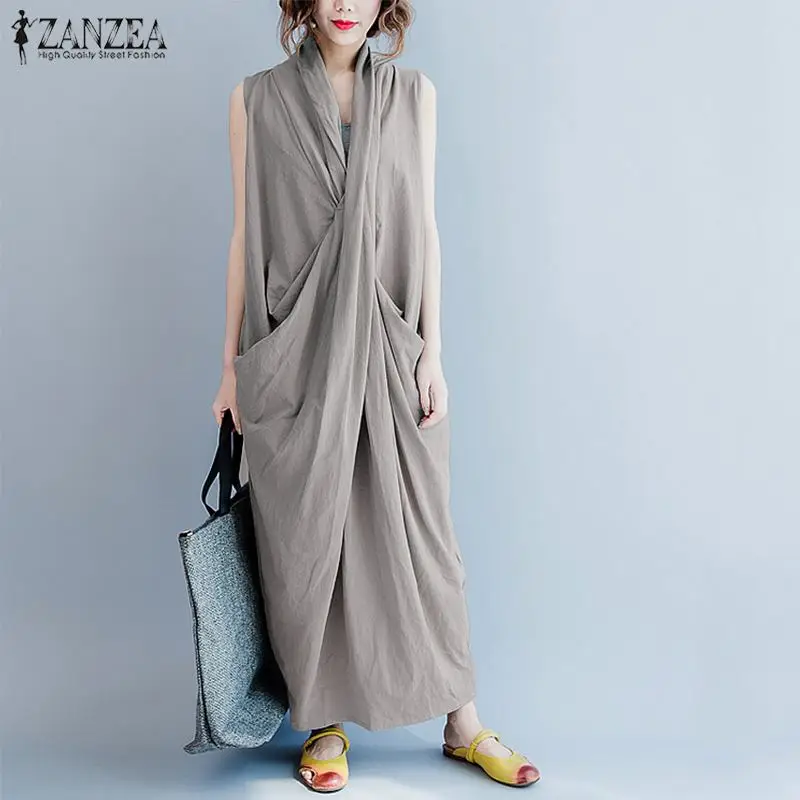 ZANZEA Oversize Asymmetrical Maxi Dress Women's Summer 2025 Holiday Sundress Female V Neck Draped Vestidos Rayon Robes Femme 4