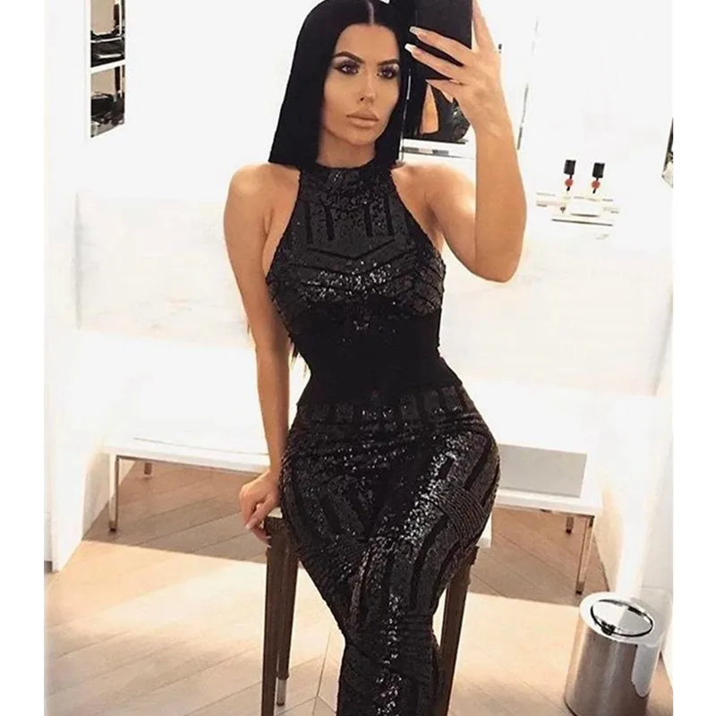sexy Gold sequin jumpsuit mesh Romper Summer Women Glitter Halter Open Back Party bodycon jumpsuit body ladies Overalls Clubwear 4