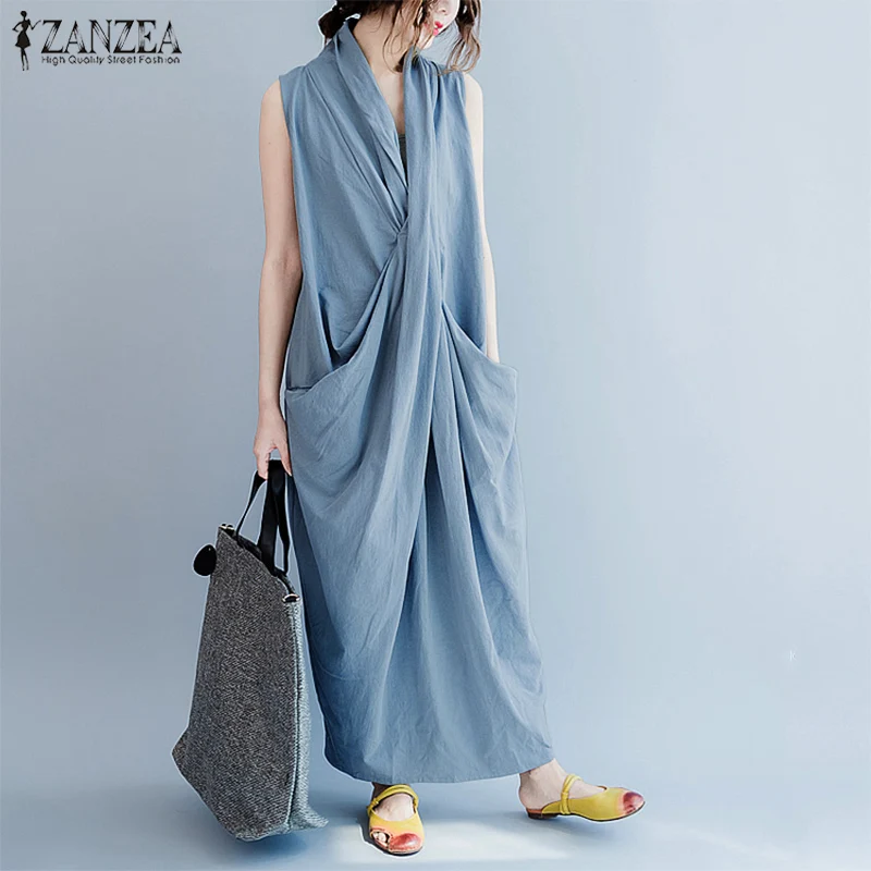 ZANZEA Oversize Asymmetrical Maxi Dress Women's Summer 2025 Holiday Sundress Female V Neck Draped Vestidos Rayon Robes Femme 1