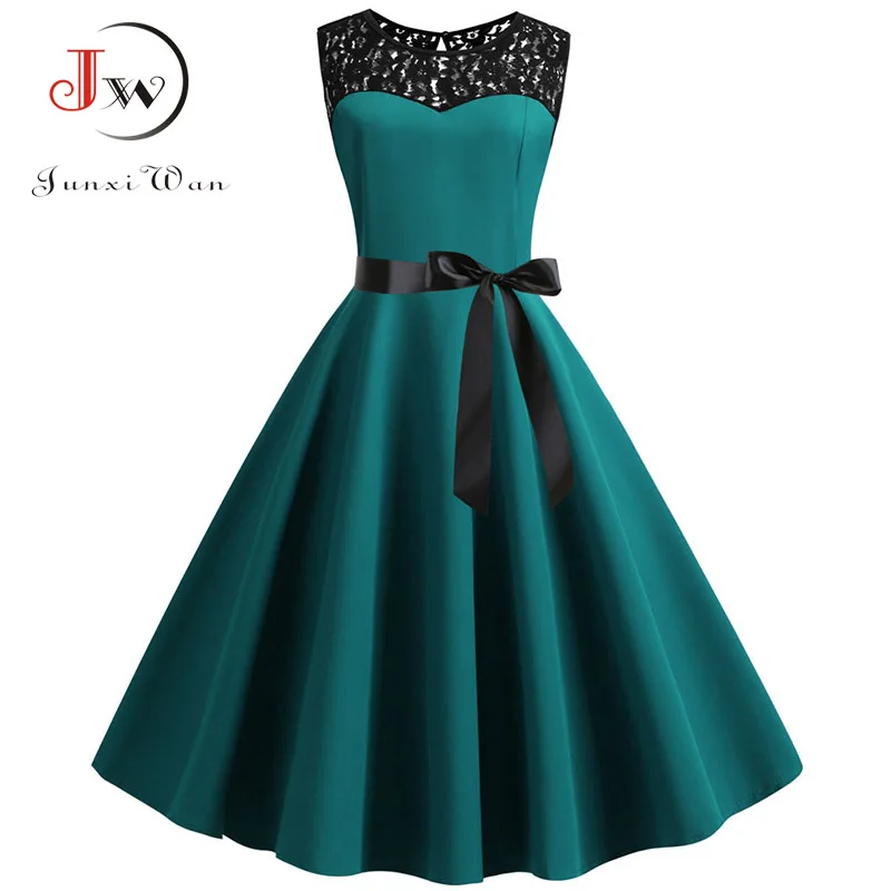 Blue Lace Patchwork Summer Dress Women Elegant Vintage Party Dress Casual Office Ladies Work Dress 4