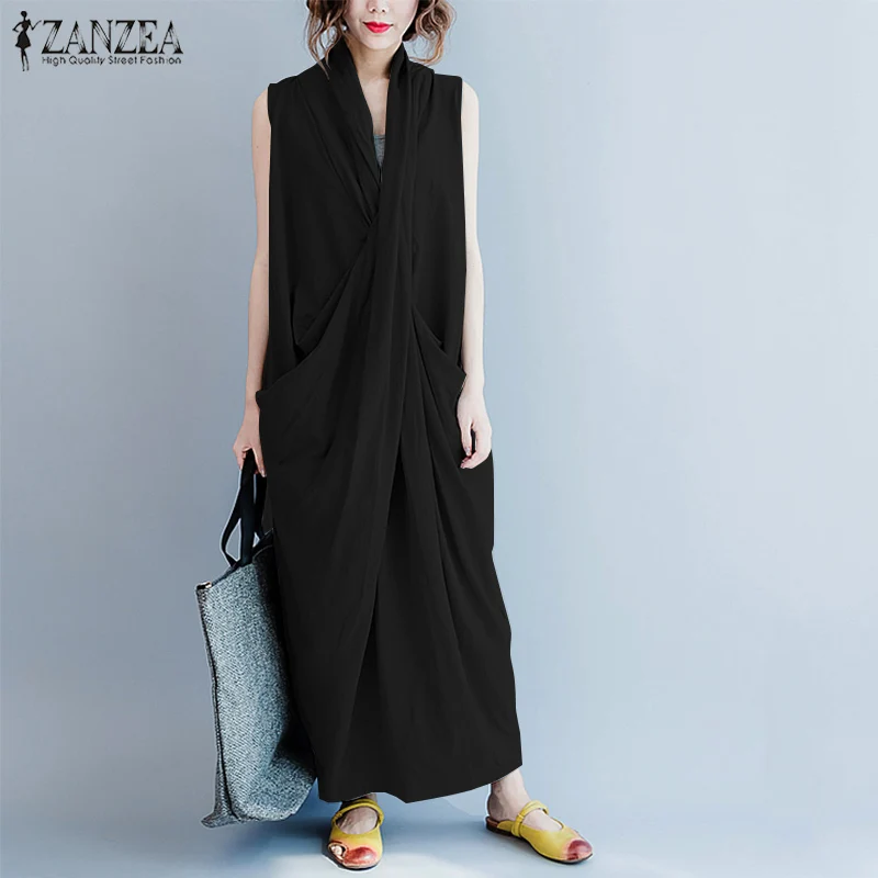 ZANZEA Oversize Asymmetrical Maxi Dress Women's Summer 2025 Holiday Sundress Female V Neck Draped Vestidos Rayon Robes Femme 3