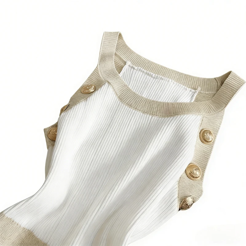 Women's White Sleeveless Halter Neck Gold Button Detail Contrast Trim Stretchy Ribbed Knit Bodycon Mini Dress Casual Party Dress 3