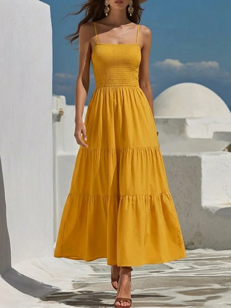 Spaghetti Strap Maxi Dress Square Neck Smocked Bodice Tiered Ruffle Skirt Fashion Outfit For Women Beach Vacation Daily Travel Casual Dating Stylish Garment 1