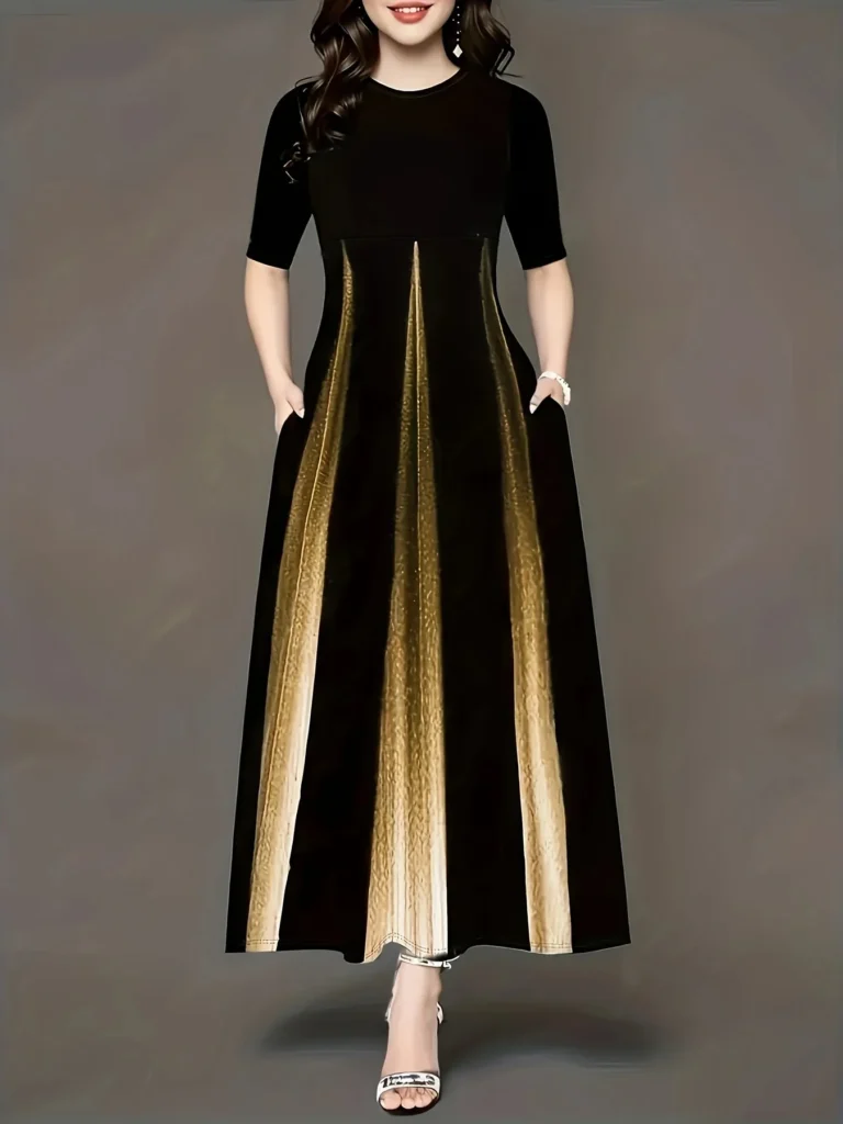Summer new gradient vertical print dress with round neck, loose sleeves, slimming temperament, long skirt 3
