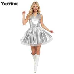 Womens Adult Metallic Shiny Disco Bar Tutu Dress Lapel V Neck Sleeveless A-line Hem with Tulle Layers Retro Pleated Mini Dress