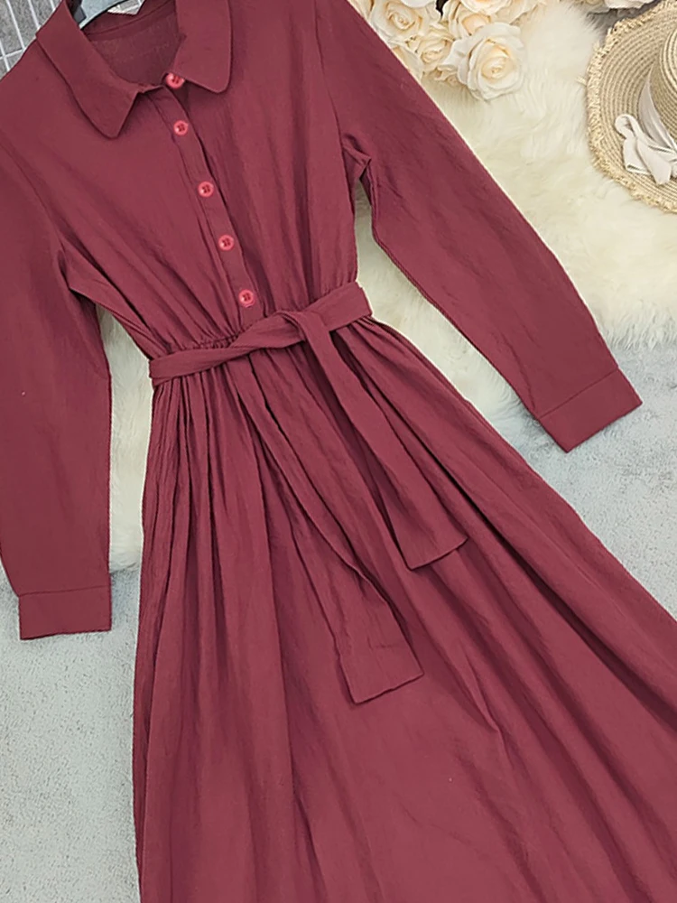 Fashionable women's burgundy deep V-neck long dress with a drawstring waist, textured fabric, vintage Bohemian casual style 5