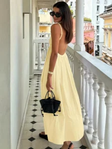 Women's Summer Vacation Solid Color Backless Thin Strap Dress