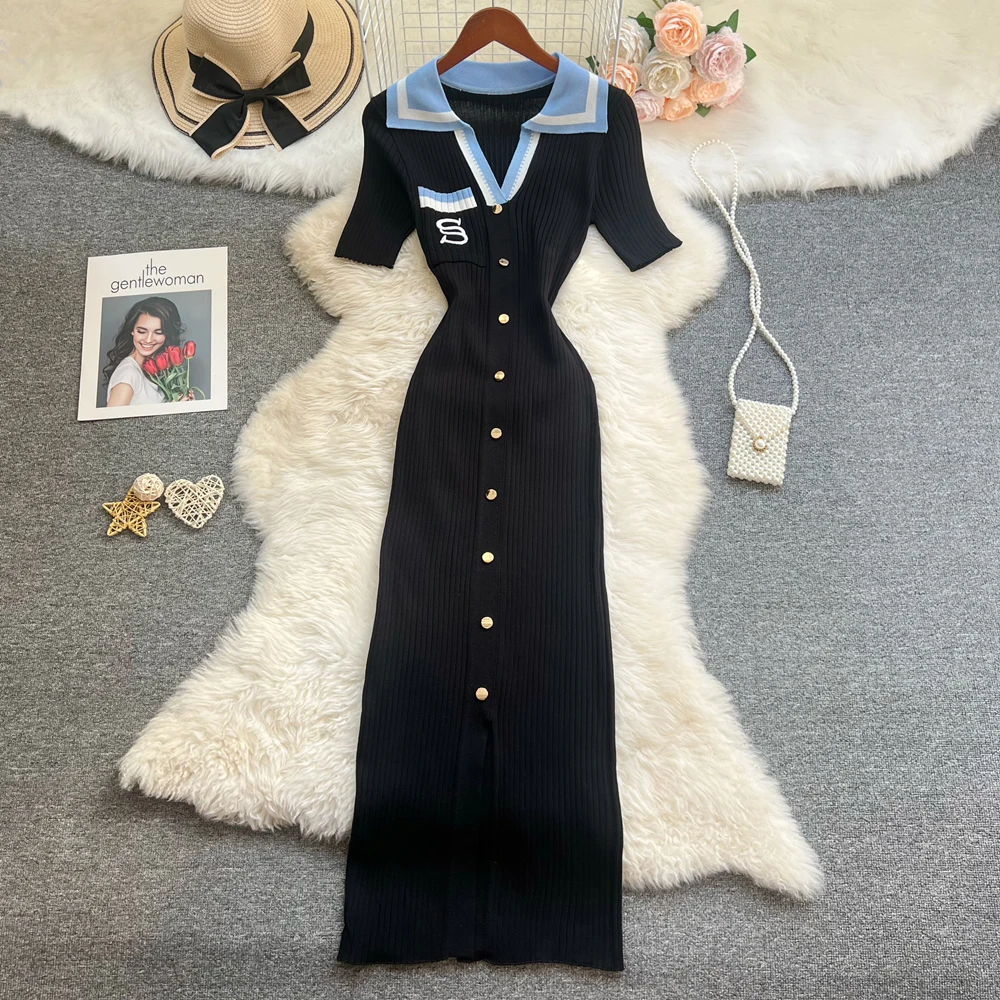 YuooMuoo Chic Fashion Sexy Wrap Hips Knitted Long Dress 2026 New Brand Fashion Embroidery Single-breasted Shirt Dress Streetwear 5