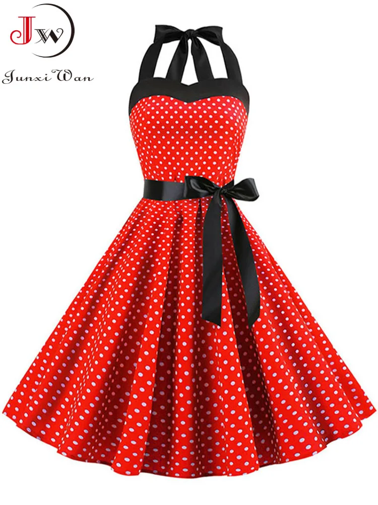 Polka Dot Dress Women Vintage Swing Halter Belt 50s 60s Rockabilly Prom Party Dresses Retro Feminino Vestidos 4