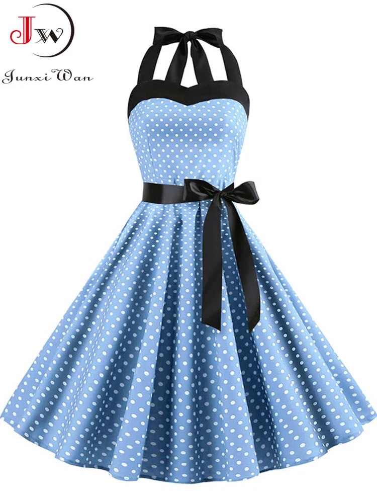 Polka Dot Dress Women Vintage Swing Halter Belt 50s 60s Rockabilly Prom Party Dresses Retro Feminino Vestidos 6