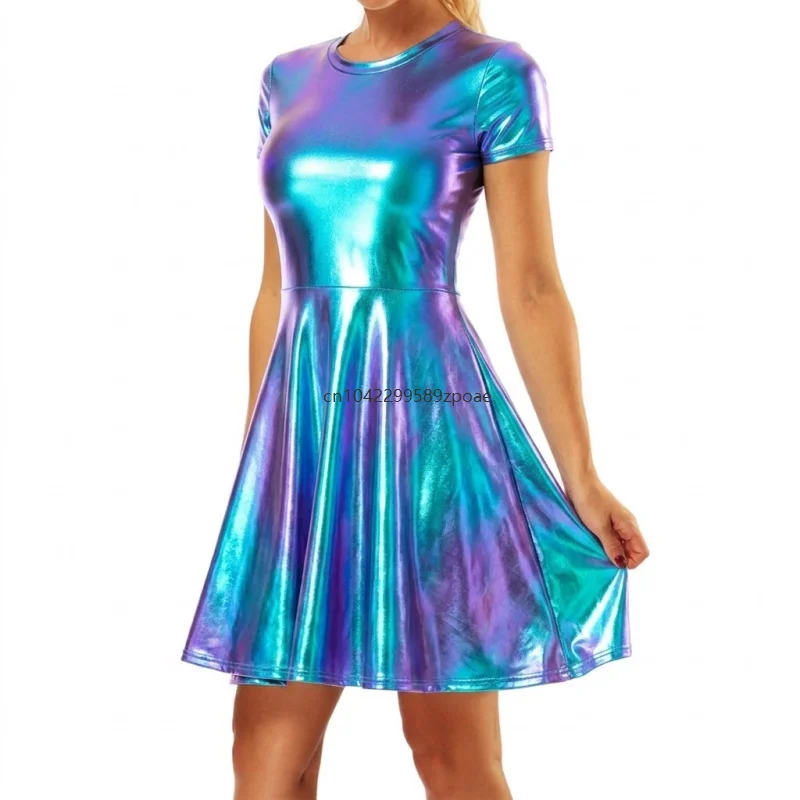 Metallic Shiny Short Sleeve Round Neck Skater Mini Dress Laser Rainbow Silver Purple Flared Swing Costume Party Club Night Dress 2
