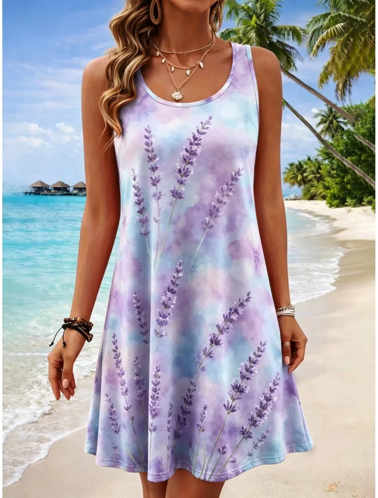 Plus Size Women's Round Neck Sleeveless Tropical 3d Print Casual A-Line Mini Dress, Beach Tank Dresses for Spring & Summer 3