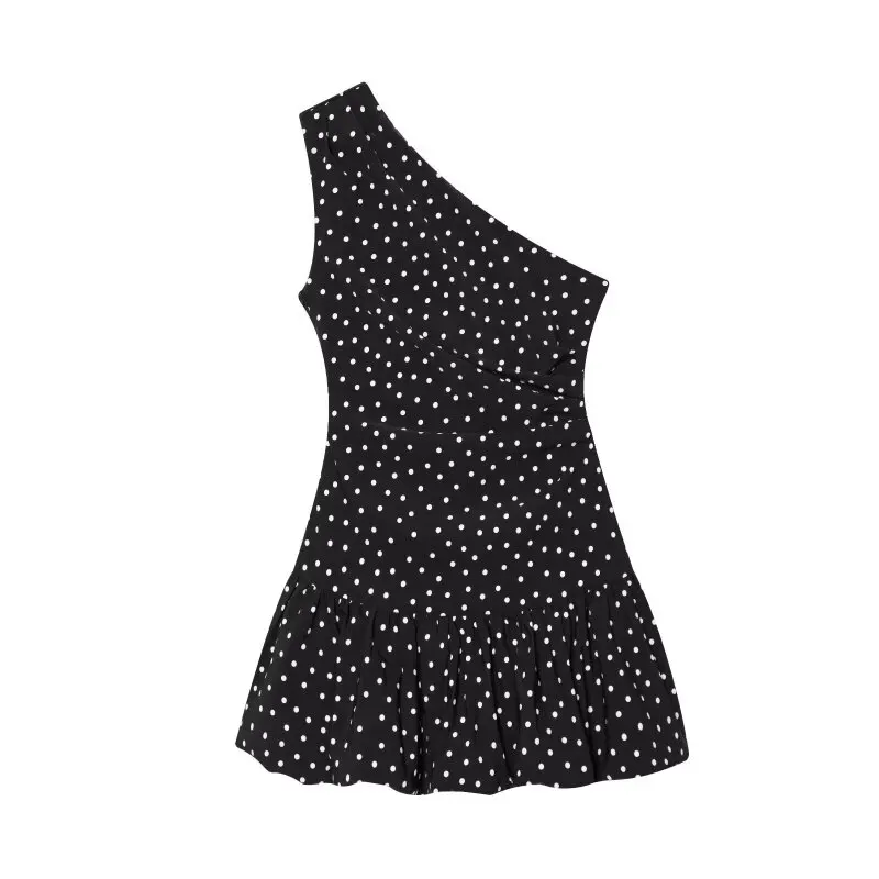 Women One Shoulder Sleeveless Polka Dot Mini Dress Ruched Waist Ruffle Hem Elegant Casual Party Short Dress Spring Summer 6