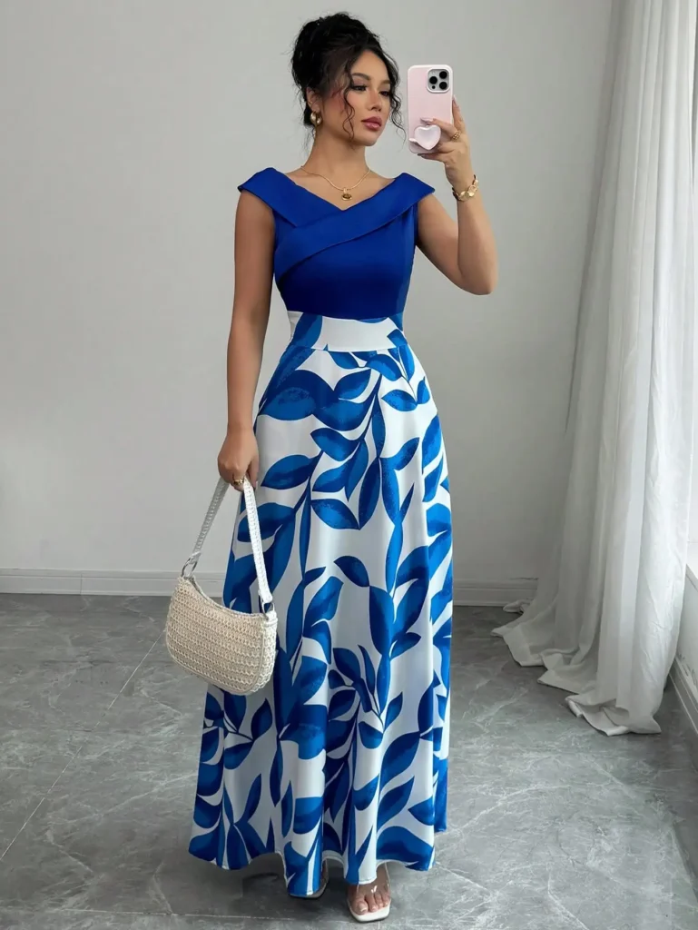 Women's Blue White Floral Maxi Dress Asymmetric Neckline Color Block Design Ideal for Evening Events Garden Parties Elegant Styl 2