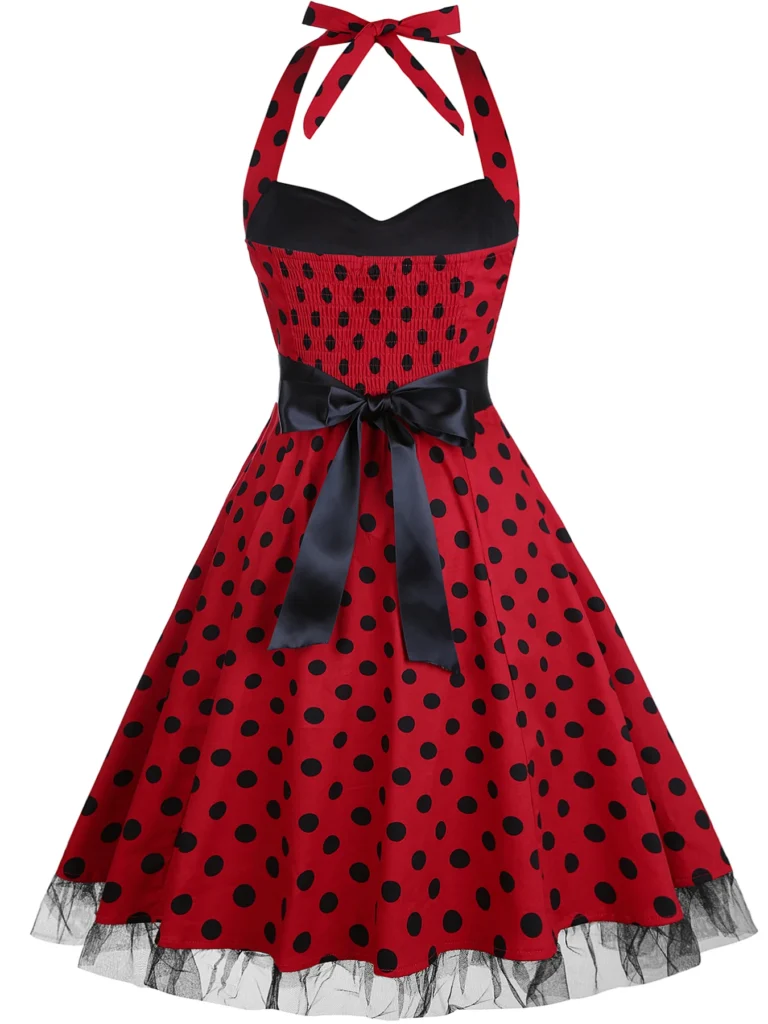 Womens Hepburn Halter Neck Polka Dot Elegant 1950s A-Line Casual Party Fit And Flare Skater Swing Vintage Dress 5
