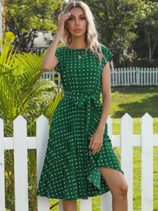 2022 New Summer Polka Dots Sleeveless Pleated Dresses For Women High Waist Midi Elegant Office Green Lady Dinner Party Clothes