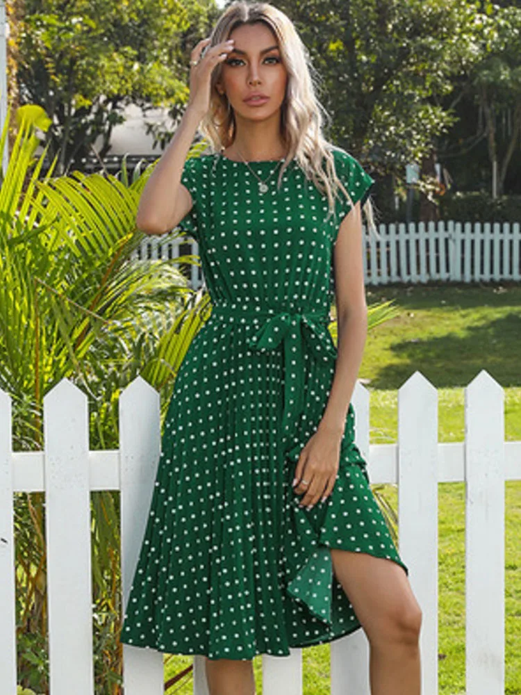 2022 New Summer Polka Dots Sleeveless Pleated Dresses For Women High Waist Midi Elegant Office Green Lady Dinner Party Clothes 1