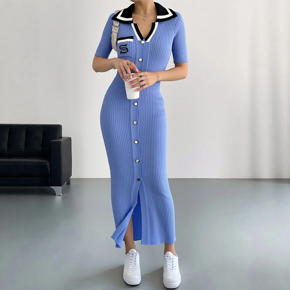YuooMuoo Chic Fashion Sexy Wrap Hips Knitted Long Dress 2026 New Brand Fashion Embroidery Single-breasted Shirt Dress Streetwear 2