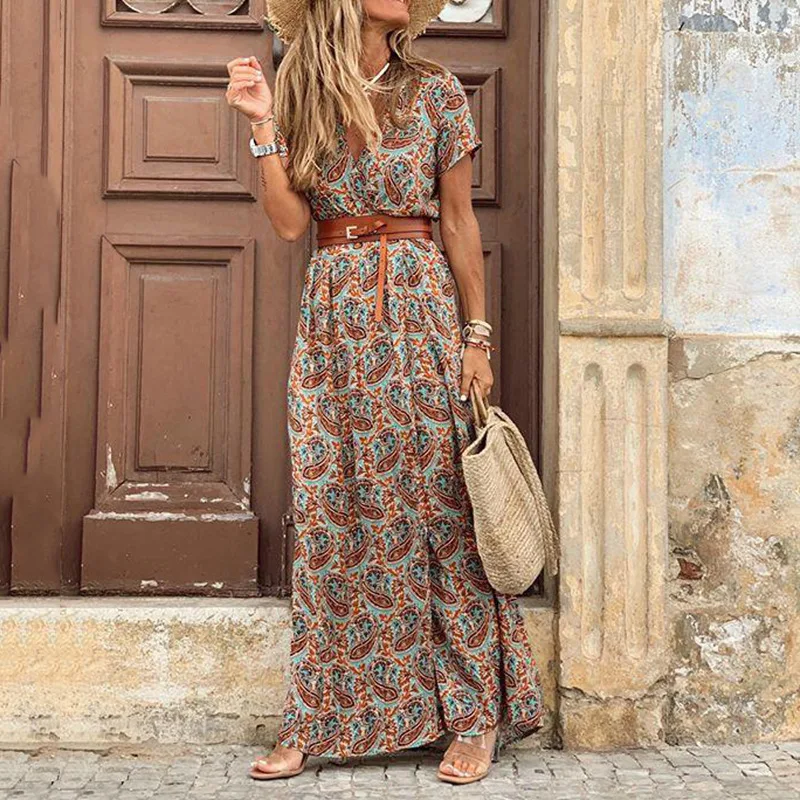 Elegant Floral Pleated H shaped Midi Dress Female V Neck Puff Sleeve Waist Ruched Button Dresses Women Summer Dress Robe 1