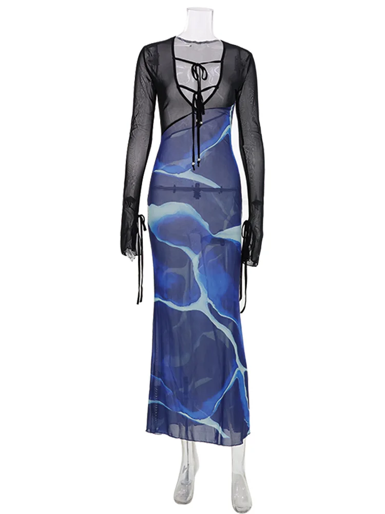 Mesh Print Patchwork Mini Women Dresses Sexy Holiday Casual Skinny Robes Fashion Party Gentle Vestidos Bodycon Outfits Female 5