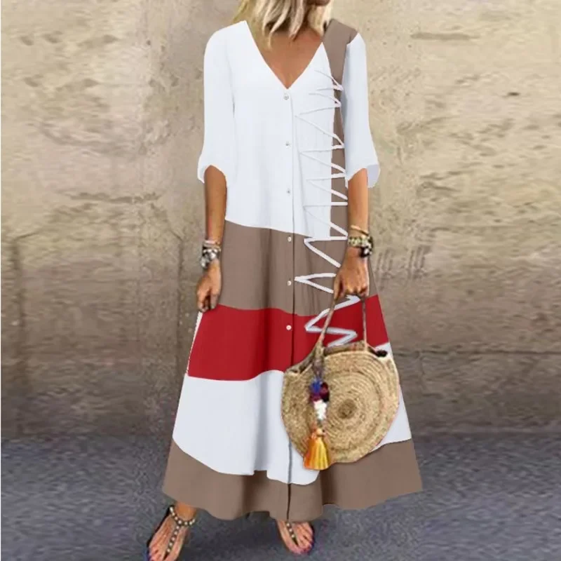 Women's Summer Color Block Patchwork Printed Dress V-neck Short Sleeved Fashion Dress Button Women's Casual Loose Long Dress 3