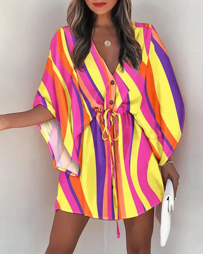 Women Print Dress Sexy V-Neck Bat Sleeve Ruffl Flowers Print Bohemian Beach Sundress Ladies Loose Summer Vacation Mini Dresses 1