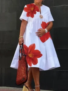 Modigirl Women's Summer New Dress 2025 V-Neck Pleated Short Sleeves White Loose Flower Print Casual Midi Dresses for Woman
