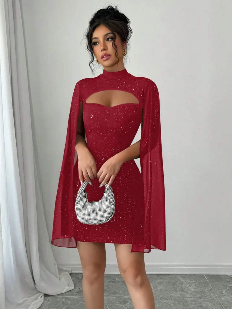 Sexy Women's Stand Collar Cape Mini Dress Sequins Sparkling Club Party Night Out Fitted Bodycon Elegant Autumn Winter 4