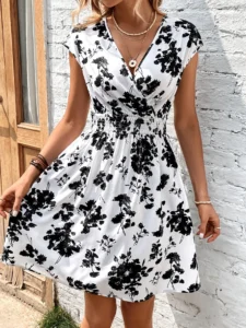 Summer Elegant Casual Knot Floral Print Women's Dress Chic V-Neck Sleeveless Gown for Ladies