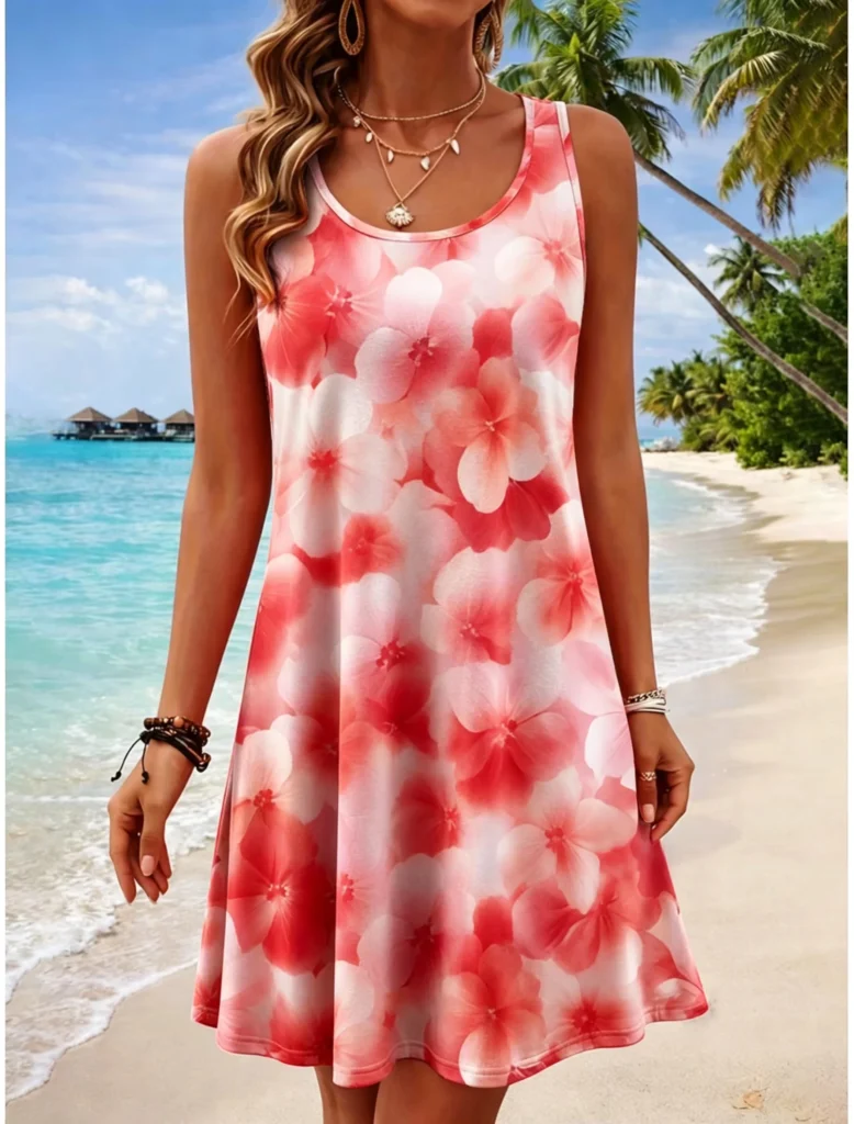 Plus Size Women's Round Neck Sleeveless Tropical 3d Print Casual A-Line Mini Dress, Beach Tank Dresses for Spring & Summer 4