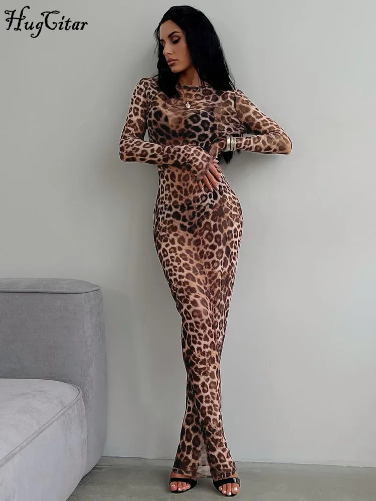 Hugcitar Leopard Print Mesh Long Sleeve Sexy Slim  See Through Maxi Dress Fall Women Fashion Outfits Beach Vacation Club 1