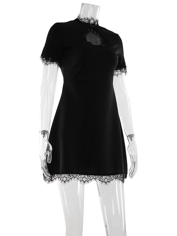 Ahagaga Sexy Women's Mini Dresses Patchwork Short Sleeves Lace Hollow Out Slim Fit Trend Baisc Turtleneck Streetwear Female Robe 6