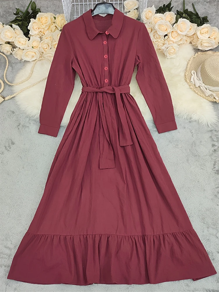 Fashionable women's burgundy deep V-neck long dress with a drawstring waist, textured fabric, vintage Bohemian casual style 3