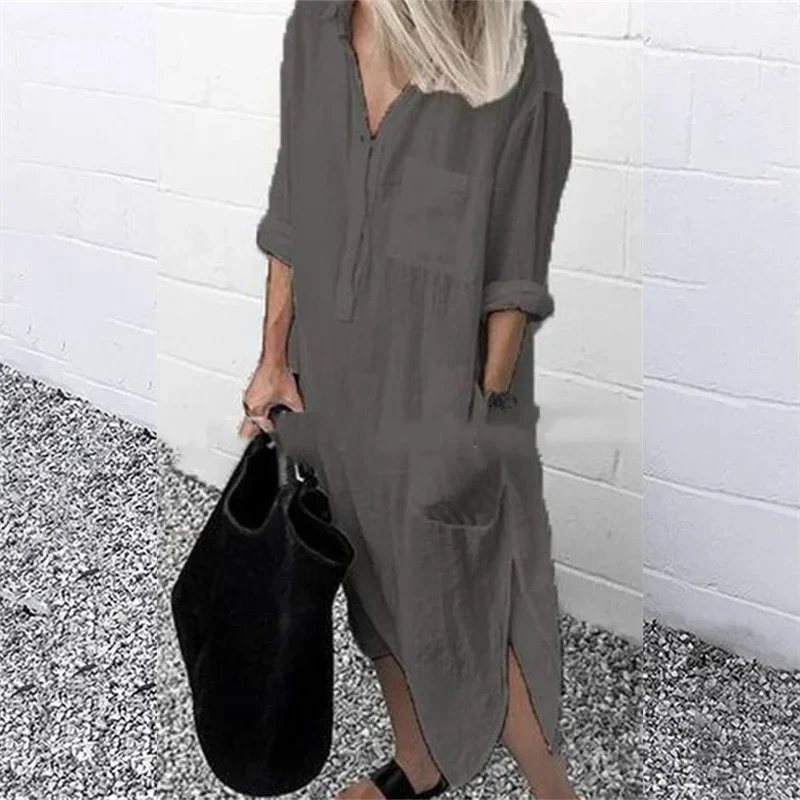 Women Elegant Cotton Linen Solid Color Dresses Summer Comfortable Female Casual Commuter Dress Multi-pocket Split Hem Loose Gown 5