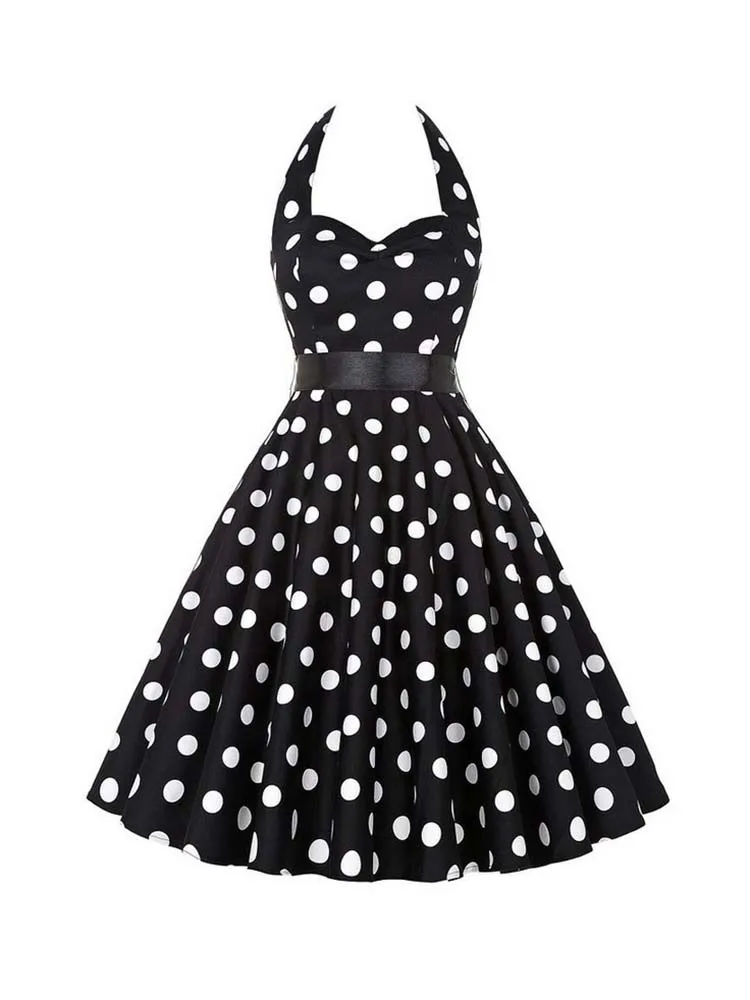 Polka Dot Dress Women Vintage Swing Halter Belt 50s 60s Rockabilly Prom Party Dresses Retro Feminino Vestidos 1