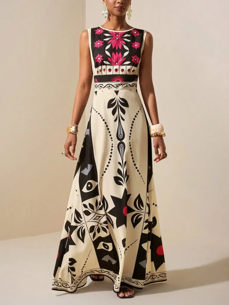 Elegant Red Floral Tribal Sleeveless Dress High Waist A Line Maxi Gown, For Wedding Guest Evening Party Vacation Outfits 4