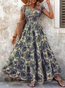 2026 Vintage Floral Print Dress Elegant V-Neck Short Sleeve Long Women's Fashion Retro Gown