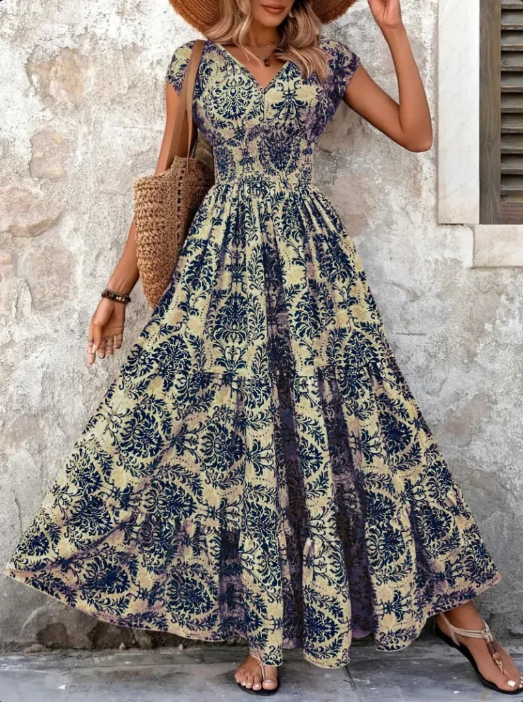 2026 Vintage Floral Print Dress Elegant V-Neck Short Sleeve Long Women's Fashion Retro Gown 1