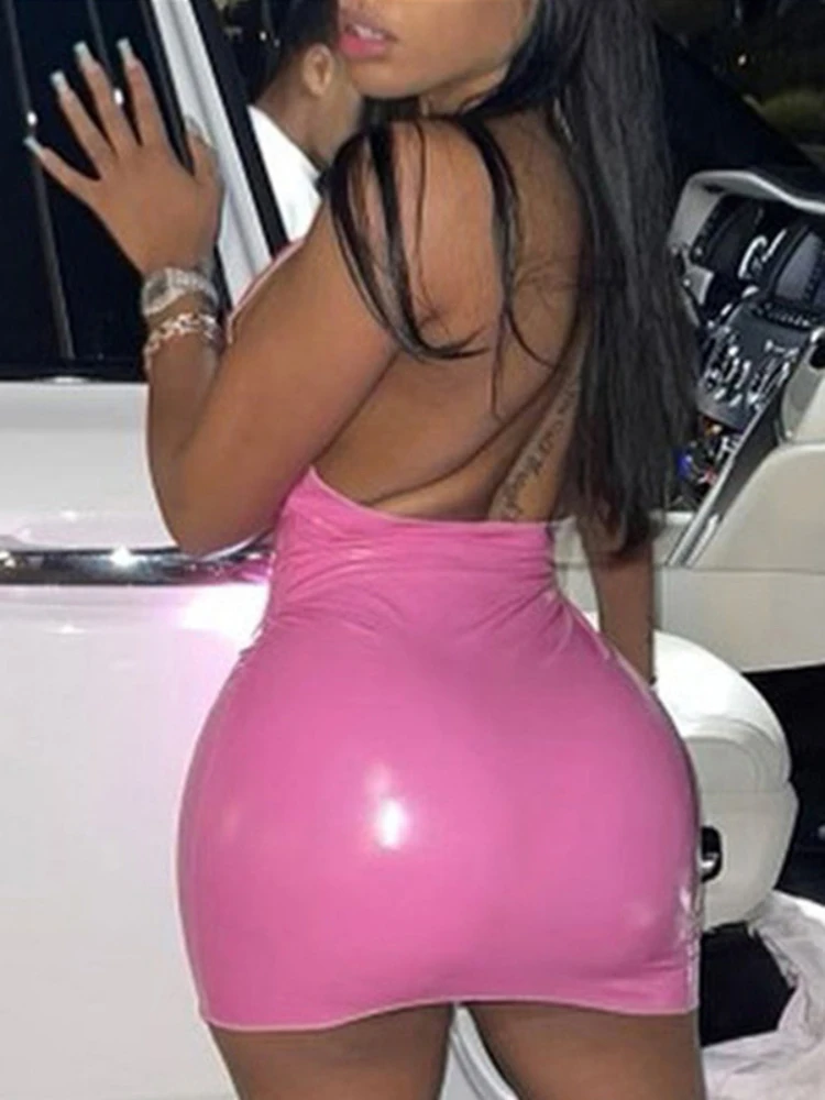 Sexy Shiny Candy Color Imitation PU Leather Slim Bodycon Dress Women Sleeveless Wrap Chest Skinny Dress Club Party Vestidos 6