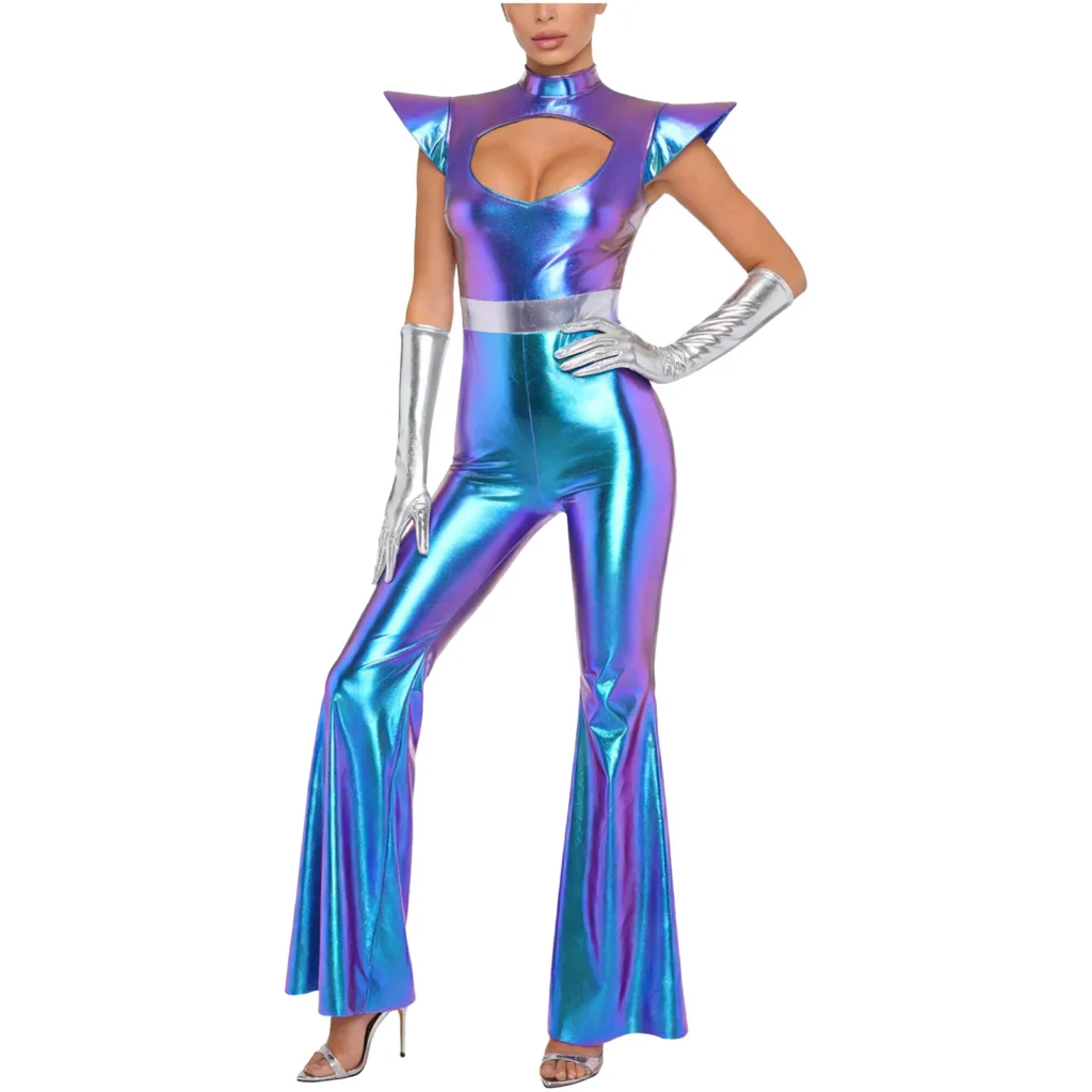 Womens Alien Cosplay Costume Metallic Shiny Disco Jazz Dance Flare Jumpsuit with Gloves Cutout Chest Bell Bottom Pants Bodysuit 2