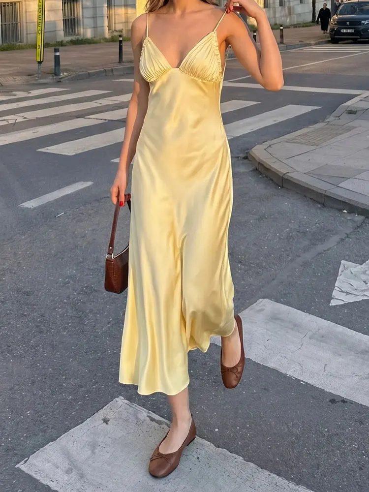 HH Women Backless Yellow Dresses Sleeveless V neck New fashion Elegant Satin Summer Dress Date Night Beach Dress For Women 2
