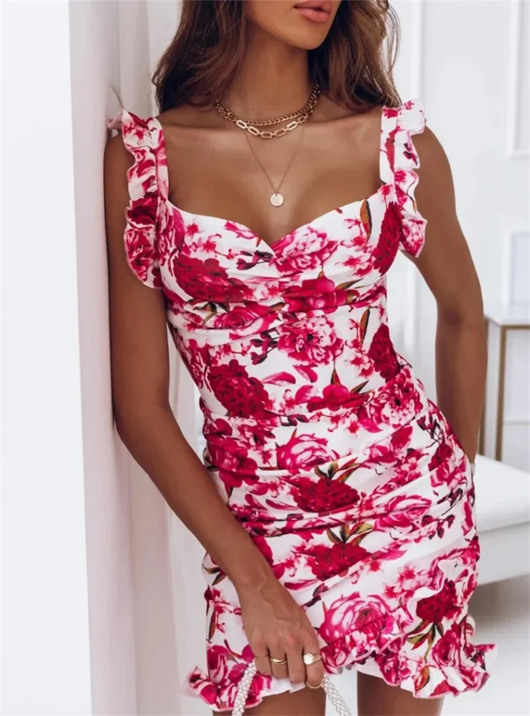 Sexy Dresses for Women Date Night - V-Neck Sleeveless Ruffle Floral Printed Sundress Casual Bodycon Dress 2